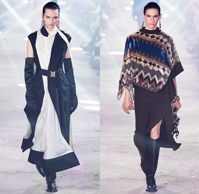 Sacai 2020-2021 Fall Autumn Winter Womens Runway Catwalk Looks - Paris Fashion Week Femme PFW - Chitose Abe - Hybrid Deconstructed Gattaca NASA Space Photos Monograph Letters Onesie Shirtdress Jacketdress Blazergown Mullet High-Low Hem Zipper Pockets Silk Satin Sheer Tulle Chiffon Chain Vest Tabard Sleeveless Opera Gloves Tribal Zigzag Knit Sweater Capelet Pellegrina Loops Rings Lace Embroidery Needlework Check Frayed Skirt Asymmetrical Quilted Puffer Bomber Vest Coat Boots