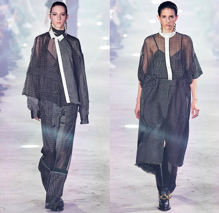 Sacai 2020-2021 Fall Autumn Winter Womens Runway Catwalk Looks - Paris Fashion Week Femme PFW - Chitose Abe - Hybrid Deconstructed Gattaca NASA Space Photos Monograph Letters Onesie Shirtdress Jacketdress Blazergown Mullet High-Low Hem Zipper Pockets Silk Satin Sheer Tulle Chiffon Chain Vest Tabard Sleeveless Opera Gloves Tribal Zigzag Knit Sweater Capelet Pellegrina Loops Rings Lace Embroidery Needlework Check Frayed Skirt Asymmetrical Quilted Puffer Bomber Vest Coat Boots