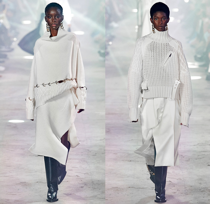 Sacai 2020-2021 Fall Autumn Winter Womens Runway Catwalk Looks - Paris Fashion Week Femme PFW - Chitose Abe - Hybrid Deconstructed Gattaca NASA Space Photos Monograph Letters Onesie Shirtdress Jacketdress Blazergown Mullet High-Low Hem Zipper Pockets Silk Satin Sheer Tulle Chiffon Chain Vest Tabard Sleeveless Opera Gloves Tribal Zigzag Knit Sweater Capelet Pellegrina Loops Rings Lace Embroidery Needlework Check Frayed Skirt Asymmetrical Quilted Puffer Bomber Vest Coat Boots