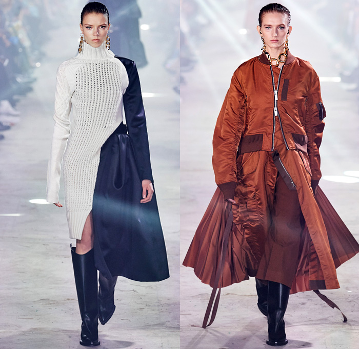 Sacai 2020-2021 Fall Autumn Winter Womens Runway Catwalk Looks - Paris Fashion Week Femme PFW - Chitose Abe - Hybrid Deconstructed Gattaca NASA Space Photos Monograph Letters Onesie Shirtdress Jacketdress Blazergown Mullet High-Low Hem Zipper Pockets Silk Satin Sheer Tulle Chiffon Chain Vest Tabard Sleeveless Opera Gloves Tribal Zigzag Knit Sweater Capelet Pellegrina Loops Rings Lace Embroidery Needlework Check Frayed Skirt Asymmetrical Quilted Puffer Bomber Vest Coat Boots