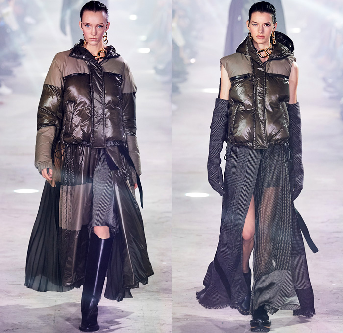 Sacai 2020-2021 Fall Autumn Winter Womens Runway Catwalk Looks - Paris Fashion Week Femme PFW - Chitose Abe - Hybrid Deconstructed Gattaca NASA Space Photos Monograph Letters Onesie Shirtdress Jacketdress Blazergown Mullet High-Low Hem Zipper Pockets Silk Satin Sheer Tulle Chiffon Chain Vest Tabard Sleeveless Opera Gloves Tribal Zigzag Knit Sweater Capelet Pellegrina Loops Rings Lace Embroidery Needlework Check Frayed Skirt Asymmetrical Quilted Puffer Bomber Vest Coat Boots