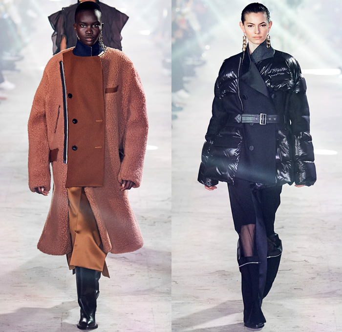 Sacai 2020-2021 Fall Autumn Winter Womens Runway Catwalk Looks - Paris Fashion Week Femme PFW - Chitose Abe - Hybrid Deconstructed Gattaca NASA Space Photos Monograph Letters Onesie Shirtdress Jacketdress Blazergown Mullet High-Low Hem Zipper Pockets Silk Satin Sheer Tulle Chiffon Chain Vest Tabard Sleeveless Opera Gloves Tribal Zigzag Knit Sweater Capelet Pellegrina Loops Rings Lace Embroidery Needlework Check Frayed Skirt Asymmetrical Quilted Puffer Bomber Vest Coat Boots