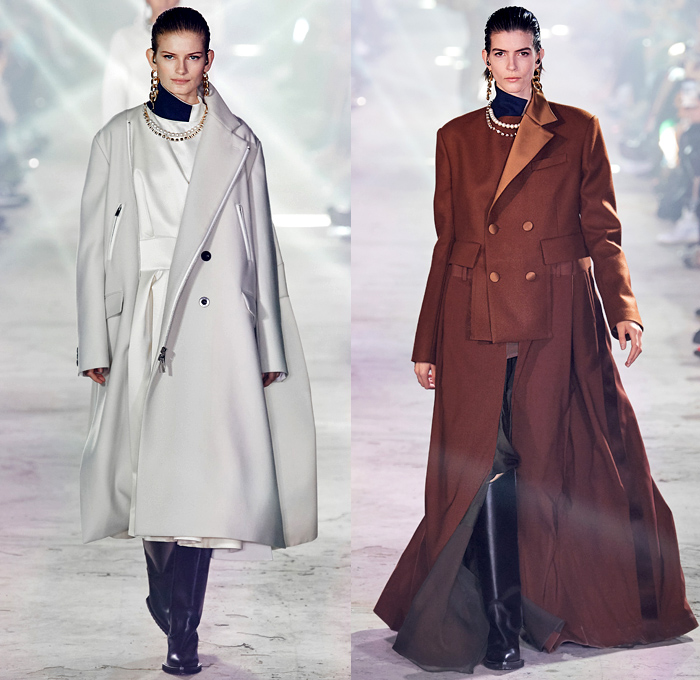 Sacai 2020-2021 Fall Autumn Winter Womens Runway Catwalk Looks - Paris Fashion Week Femme PFW - Chitose Abe - Hybrid Deconstructed Gattaca NASA Space Photos Monograph Letters Onesie Shirtdress Jacketdress Blazergown Mullet High-Low Hem Zipper Pockets Silk Satin Sheer Tulle Chiffon Chain Vest Tabard Sleeveless Opera Gloves Tribal Zigzag Knit Sweater Capelet Pellegrina Loops Rings Lace Embroidery Needlework Check Frayed Skirt Asymmetrical Quilted Puffer Bomber Vest Coat Boots