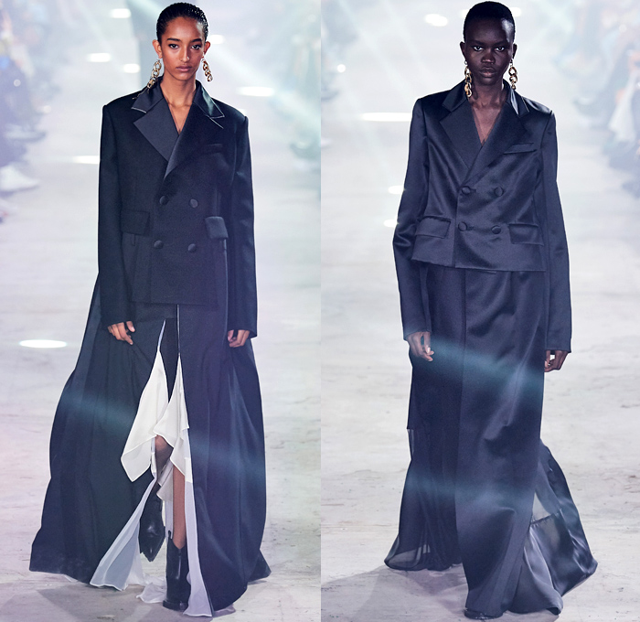 Sacai 2020-2021 Fall Autumn Winter Womens Runway Catwalk Looks - Paris Fashion Week Femme PFW - Chitose Abe - Hybrid Deconstructed Gattaca NASA Space Photos Monograph Letters Onesie Shirtdress Jacketdress Blazergown Mullet High-Low Hem Zipper Pockets Silk Satin Sheer Tulle Chiffon Chain Vest Tabard Sleeveless Opera Gloves Tribal Zigzag Knit Sweater Capelet Pellegrina Loops Rings Lace Embroidery Needlework Check Frayed Skirt Asymmetrical Quilted Puffer Bomber Vest Coat Boots