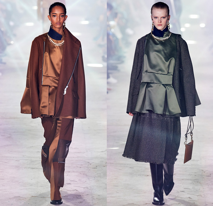 Sacai 2020-2021 Fall Autumn Winter Womens Runway Catwalk Looks - Paris Fashion Week Femme PFW - Chitose Abe - Hybrid Deconstructed Gattaca NASA Space Photos Monograph Letters Onesie Shirtdress Jacketdress Blazergown Mullet High-Low Hem Zipper Pockets Silk Satin Sheer Tulle Chiffon Chain Vest Tabard Sleeveless Opera Gloves Tribal Zigzag Knit Sweater Capelet Pellegrina Loops Rings Lace Embroidery Needlework Check Frayed Skirt Asymmetrical Quilted Puffer Bomber Vest Coat Boots