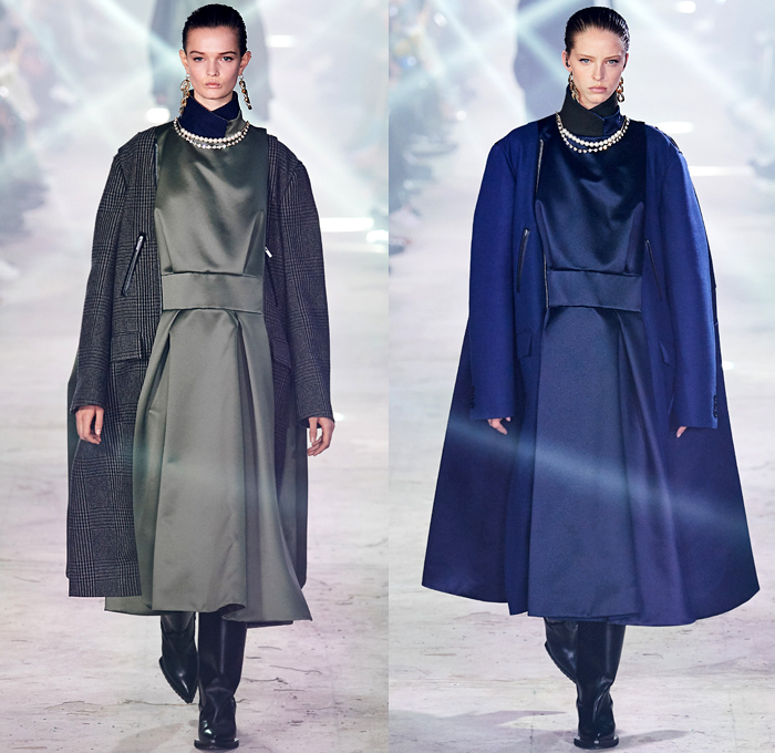 Sacai 2020-2021 Fall Autumn Winter Womens Runway Catwalk Looks - Paris Fashion Week Femme PFW - Chitose Abe - Hybrid Deconstructed Gattaca NASA Space Photos Monograph Letters Onesie Shirtdress Jacketdress Blazergown Mullet High-Low Hem Zipper Pockets Silk Satin Sheer Tulle Chiffon Chain Vest Tabard Sleeveless Opera Gloves Tribal Zigzag Knit Sweater Capelet Pellegrina Loops Rings Lace Embroidery Needlework Check Frayed Skirt Asymmetrical Quilted Puffer Bomber Vest Coat Boots