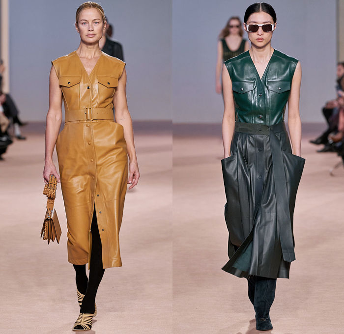 Salvatore Ferragamo 2020-2021 Fall Autumn Winter Womens Runway Catwalk Looks - Milano Moda Donna Collezione Milan Fashion Week Italy - Metamodern Nappa Suede Leather Sleeveless Tabard Cargo Flap Pockets Coat Corset Check Plaid Pantsuit Blazer Herringbone Draped Sash Leaves Foliage Fauna Knit Sweater Embroidery Cape Poncho Dress Motorcycle Biker Jacket Denim Jeans Gold Pinstripe Chain Fringes Leggings Culottes Skirt Strapless Dress Jumpsuit Workboot Braid Handbag Tote Basketweave