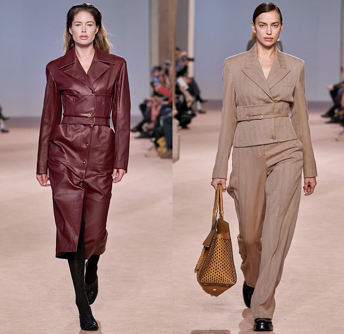 Salvatore Ferragamo 2020-2021 Fall Autumn Winter Womens Runway Catwalk Looks - Milano Moda Donna Collezione Milan Fashion Week Italy - Metamodern Nappa Suede Leather Sleeveless Tabard Cargo Flap Pockets Coat Corset Check Plaid Pantsuit Blazer Herringbone Draped Sash Leaves Foliage Fauna Knit Sweater Embroidery Cape Poncho Dress Motorcycle Biker Jacket Denim Jeans Gold Pinstripe Chain Fringes Leggings Culottes Skirt Strapless Dress Jumpsuit Workboot Braid Handbag Tote Basketweave