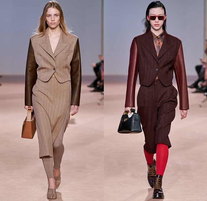 Salvatore Ferragamo 2020-2021 Fall Autumn Winter Womens Runway Catwalk Looks - Milano Moda Donna Collezione Milan Fashion Week Italy - Metamodern Nappa Suede Leather Sleeveless Tabard Cargo Flap Pockets Coat Corset Check Plaid Pantsuit Blazer Herringbone Draped Sash Leaves Foliage Fauna Knit Sweater Embroidery Cape Poncho Dress Motorcycle Biker Jacket Denim Jeans Gold Pinstripe Chain Fringes Leggings Culottes Skirt Strapless Dress Jumpsuit Workboot Braid Handbag Tote Basketweave