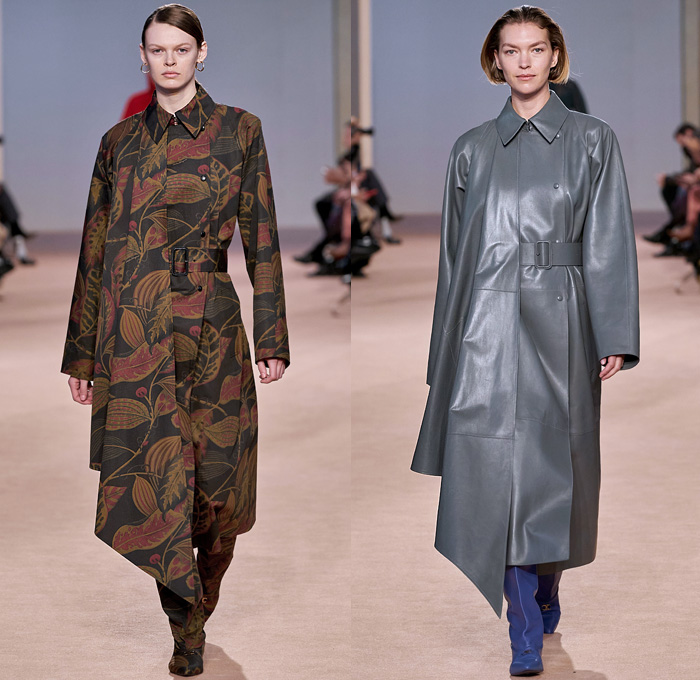 Salvatore Ferragamo 2020-2021 Fall Autumn Winter Womens Runway Catwalk Looks - Milano Moda Donna Collezione Milan Fashion Week Italy - Metamodern Nappa Suede Leather Sleeveless Tabard Cargo Flap Pockets Coat Corset Check Plaid Pantsuit Blazer Herringbone Draped Sash Leaves Foliage Fauna Knit Sweater Embroidery Cape Poncho Dress Motorcycle Biker Jacket Denim Jeans Gold Pinstripe Chain Fringes Leggings Culottes Skirt Strapless Dress Jumpsuit Workboot Braid Handbag Tote Basketweave