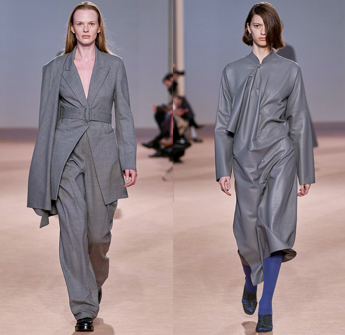 Salvatore Ferragamo 2020-2021 Fall Autumn Winter Womens Runway Catwalk Looks - Milano Moda Donna Collezione Milan Fashion Week Italy - Metamodern Nappa Suede Leather Sleeveless Tabard Cargo Flap Pockets Coat Corset Check Plaid Pantsuit Blazer Herringbone Draped Sash Leaves Foliage Fauna Knit Sweater Embroidery Cape Poncho Dress Motorcycle Biker Jacket Denim Jeans Gold Pinstripe Chain Fringes Leggings Culottes Skirt Strapless Dress Jumpsuit Workboot Braid Handbag Tote Basketweave