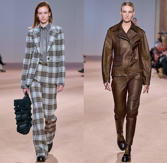 Salvatore Ferragamo 2020-2021 Fall Autumn Winter Womens Runway Catwalk Looks - Milano Moda Donna Collezione Milan Fashion Week Italy - Metamodern Nappa Suede Leather Sleeveless Tabard Cargo Flap Pockets Coat Corset Check Plaid Pantsuit Blazer Herringbone Draped Sash Leaves Foliage Fauna Knit Sweater Embroidery Cape Poncho Dress Motorcycle Biker Jacket Denim Jeans Gold Pinstripe Chain Fringes Leggings Culottes Skirt Strapless Dress Jumpsuit Workboot Braid Handbag Tote Basketweave