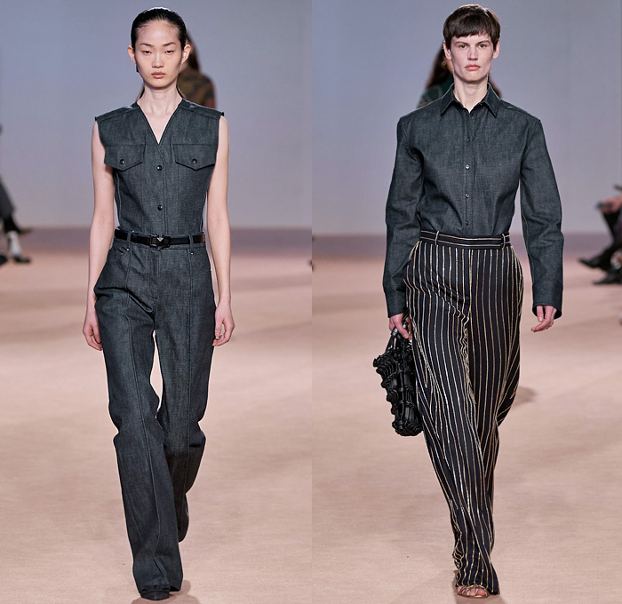 Salvatore Ferragamo 2020-2021 Fall Autumn Winter Womens Runway Catwalk Looks - Milano Moda Donna Collezione Milan Fashion Week Italy - Metamodern Nappa Suede Leather Sleeveless Tabard Cargo Flap Pockets Coat Corset Check Plaid Pantsuit Blazer Herringbone Draped Sash Leaves Foliage Fauna Knit Sweater Embroidery Cape Poncho Dress Motorcycle Biker Jacket Denim Jeans Gold Pinstripe Chain Fringes Leggings Culottes Skirt Strapless Dress Jumpsuit Workboot Braid Handbag Tote Basketweave