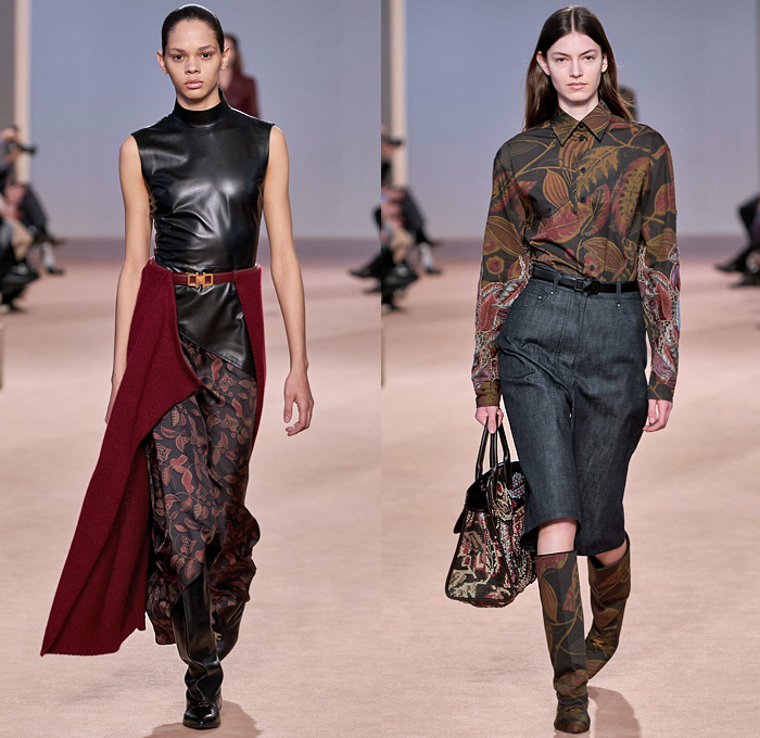 Salvatore Ferragamo 2020-2021 Fall Autumn Winter Womens Runway Catwalk Looks - Milano Moda Donna Collezione Milan Fashion Week Italy - Metamodern Nappa Suede Leather Sleeveless Tabard Cargo Flap Pockets Coat Corset Check Plaid Pantsuit Blazer Herringbone Draped Sash Leaves Foliage Fauna Knit Sweater Embroidery Cape Poncho Dress Motorcycle Biker Jacket Denim Jeans Gold Pinstripe Chain Fringes Leggings Culottes Skirt Strapless Dress Jumpsuit Workboot Braid Handbag Tote Basketweave