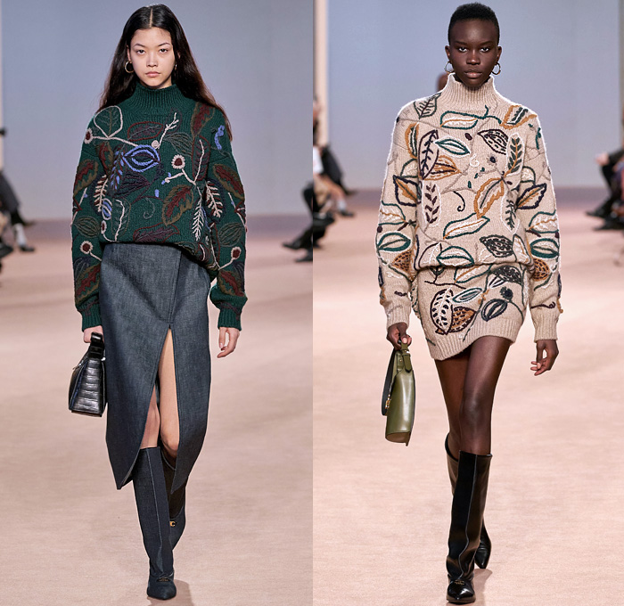 Salvatore Ferragamo 2020-2021 Fall Autumn Winter Womens Runway Catwalk Looks - Milano Moda Donna Collezione Milan Fashion Week Italy - Metamodern Nappa Suede Leather Sleeveless Tabard Cargo Flap Pockets Coat Corset Check Plaid Pantsuit Blazer Herringbone Draped Sash Leaves Foliage Fauna Knit Sweater Embroidery Cape Poncho Dress Motorcycle Biker Jacket Denim Jeans Gold Pinstripe Chain Fringes Leggings Culottes Skirt Strapless Dress Jumpsuit Workboot Braid Handbag Tote Basketweave