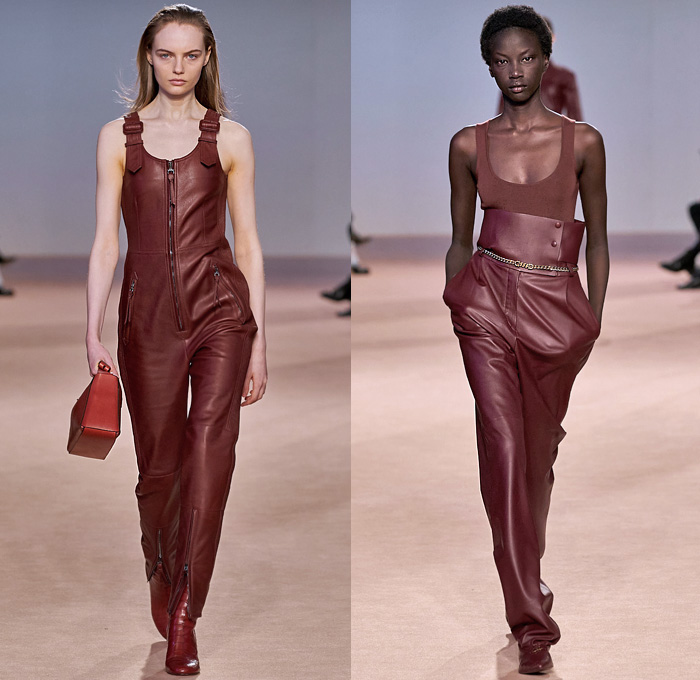 Salvatore Ferragamo 2020-2021 Fall Autumn Winter Womens Runway Catwalk Looks - Milano Moda Donna Collezione Milan Fashion Week Italy - Metamodern Nappa Suede Leather Sleeveless Tabard Cargo Flap Pockets Coat Corset Check Plaid Pantsuit Blazer Herringbone Draped Sash Leaves Foliage Fauna Knit Sweater Embroidery Cape Poncho Dress Motorcycle Biker Jacket Denim Jeans Gold Pinstripe Chain Fringes Leggings Culottes Skirt Strapless Dress Jumpsuit Workboot Braid Handbag Tote Basketweave