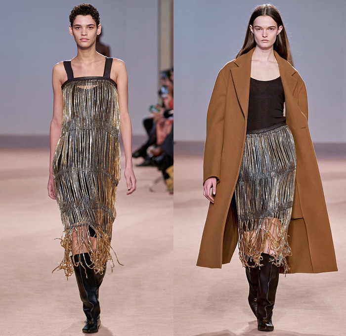 Salvatore Ferragamo 2020-2021 Fall Autumn Winter Womens Runway Catwalk Looks - Milano Moda Donna Collezione Milan Fashion Week Italy - Metamodern Nappa Suede Leather Sleeveless Tabard Cargo Flap Pockets Coat Corset Check Plaid Pantsuit Blazer Herringbone Draped Sash Leaves Foliage Fauna Knit Sweater Embroidery Cape Poncho Dress Motorcycle Biker Jacket Denim Jeans Gold Pinstripe Chain Fringes Leggings Culottes Skirt Strapless Dress Jumpsuit Workboot Braid Handbag Tote Basketweave