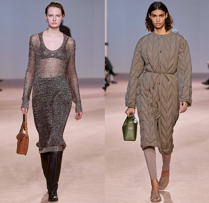 Salvatore Ferragamo 2020-2021 Fall Autumn Winter Womens Runway Catwalk Looks - Milano Moda Donna Collezione Milan Fashion Week Italy - Metamodern Nappa Suede Leather Sleeveless Tabard Cargo Flap Pockets Coat Corset Check Plaid Pantsuit Blazer Herringbone Draped Sash Leaves Foliage Fauna Knit Sweater Embroidery Cape Poncho Dress Motorcycle Biker Jacket Denim Jeans Gold Pinstripe Chain Fringes Leggings Culottes Skirt Strapless Dress Jumpsuit Workboot Braid Handbag Tote Basketweave