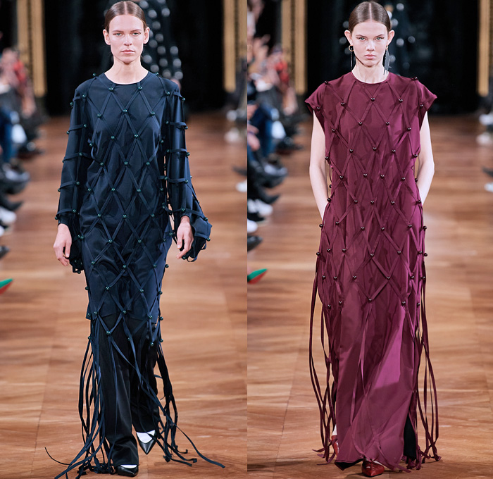 Stella McCartney 2020-2021 Fall Autumn Winter Womens Runway Catwalk Looks - Paris Fashion Week Femme PFW -  Jellyfish Swirls Spiral Barley Motif Studs Pearls Net Mesh Straps Fringes Elongated Panels Maxi Dress Gown Contrast Jagged Stitching Scarf Check Plaid Turtleneck Sweater Skirt Tied Knot Pantsuit Straps Capelet Knit Onesie Jumpsuit Military Fur Coat Poncho Animal Hieroglyphs Holes Slouchy Pants Handbag Tote Purse Clutch Fanny Pack Pouch Bum Bag Reptile Pointed Heels Boots