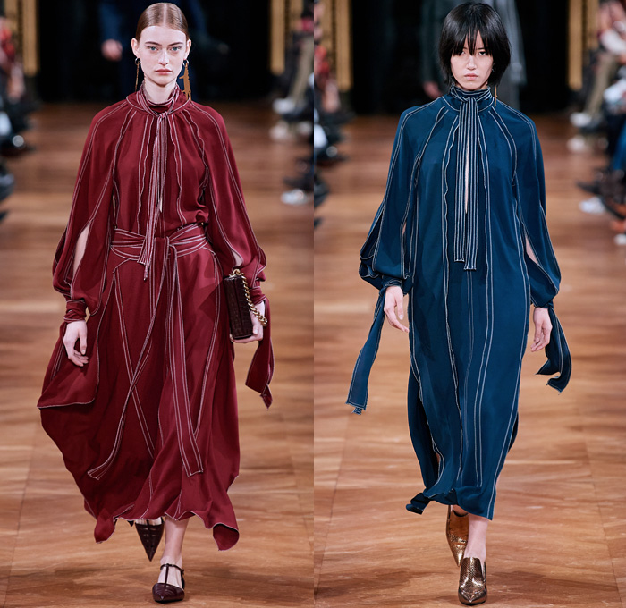 Stella McCartney 2020-2021 Fall Autumn Winter Womens Runway Catwalk Looks - Paris Fashion Week Femme PFW -  Jellyfish Swirls Spiral Barley Motif Studs Pearls Net Mesh Straps Fringes Elongated Panels Maxi Dress Gown Contrast Jagged Stitching Scarf Check Plaid Turtleneck Sweater Skirt Tied Knot Pantsuit Straps Capelet Knit Onesie Jumpsuit Military Fur Coat Poncho Animal Hieroglyphs Holes Slouchy Pants Handbag Tote Purse Clutch Fanny Pack Pouch Bum Bag Reptile Pointed Heels Boots