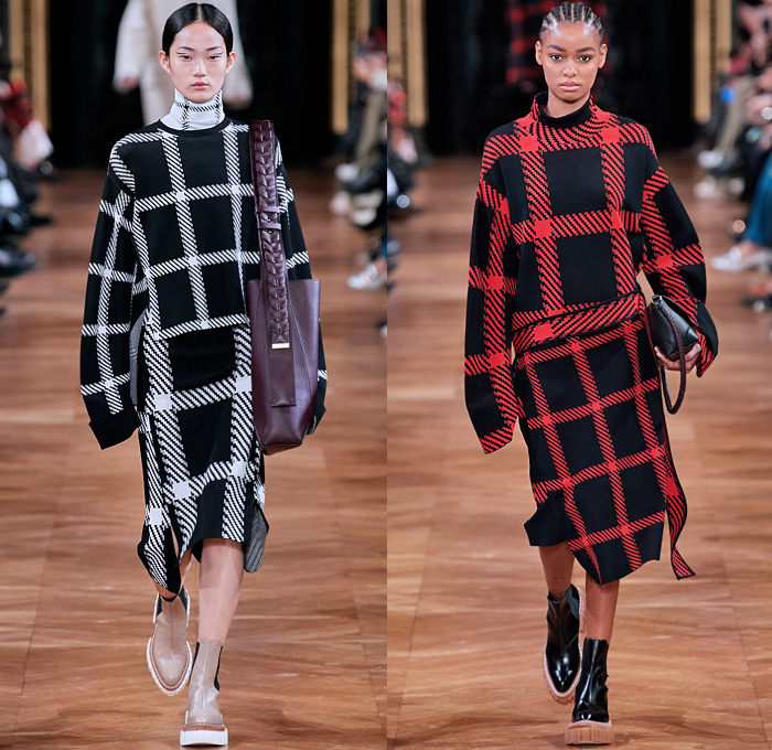 Stella McCartney 2020-2021 Fall Autumn Winter Womens Runway Catwalk Looks - Paris Fashion Week Femme PFW -  Jellyfish Swirls Spiral Barley Motif Studs Pearls Net Mesh Straps Fringes Elongated Panels Maxi Dress Gown Contrast Jagged Stitching Scarf Check Plaid Turtleneck Sweater Skirt Tied Knot Pantsuit Straps Capelet Knit Onesie Jumpsuit Military Fur Coat Poncho Animal Hieroglyphs Holes Slouchy Pants Handbag Tote Purse Clutch Fanny Pack Pouch Bum Bag Reptile Pointed Heels Boots