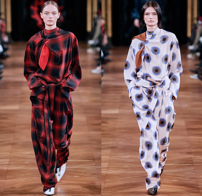 Stella McCartney 2020-2021 Fall Autumn Winter Womens Runway Catwalk Looks - Paris Fashion Week Femme PFW -  Jellyfish Swirls Spiral Barley Motif Studs Pearls Net Mesh Straps Fringes Elongated Panels Maxi Dress Gown Contrast Jagged Stitching Scarf Check Plaid Turtleneck Sweater Skirt Tied Knot Pantsuit Straps Capelet Knit Onesie Jumpsuit Military Fur Coat Poncho Animal Hieroglyphs Holes Slouchy Pants Handbag Tote Purse Clutch Fanny Pack Pouch Bum Bag Reptile Pointed Heels Boots