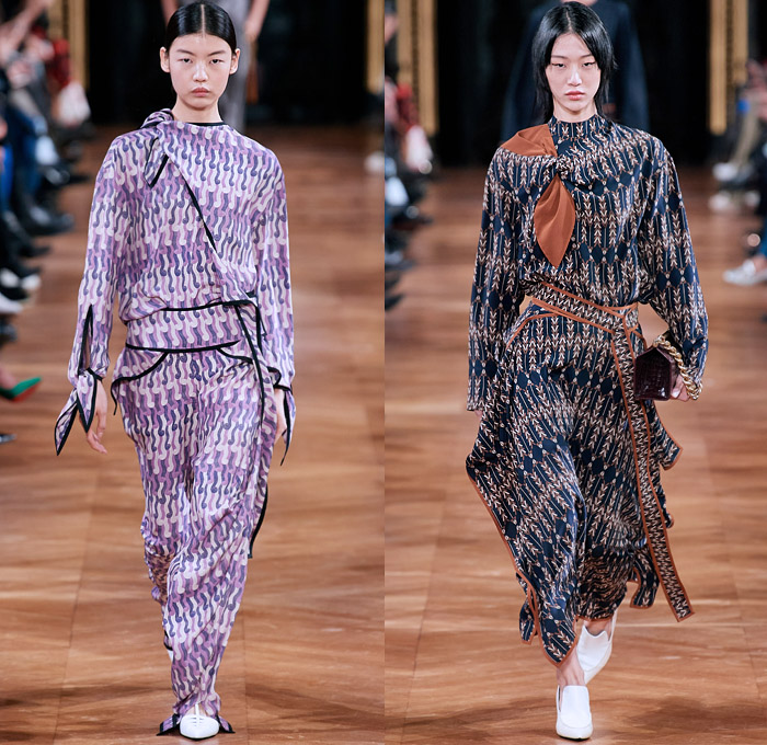 Stella McCartney 2020-2021 Fall Autumn Winter Womens Runway Catwalk Looks - Paris Fashion Week Femme PFW -  Jellyfish Swirls Spiral Barley Motif Studs Pearls Net Mesh Straps Fringes Elongated Panels Maxi Dress Gown Contrast Jagged Stitching Scarf Check Plaid Turtleneck Sweater Skirt Tied Knot Pantsuit Straps Capelet Knit Onesie Jumpsuit Military Fur Coat Poncho Animal Hieroglyphs Holes Slouchy Pants Handbag Tote Purse Clutch Fanny Pack Pouch Bum Bag Reptile Pointed Heels Boots