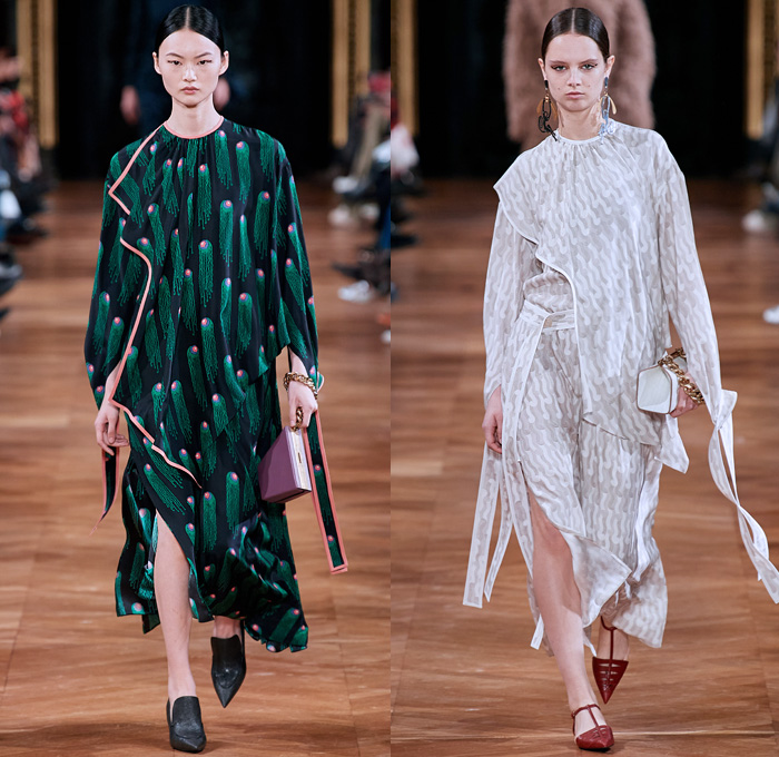 Stella McCartney 2020-2021 Fall Autumn Winter Womens Runway Catwalk Looks - Paris Fashion Week Femme PFW -  Jellyfish Swirls Spiral Barley Motif Studs Pearls Net Mesh Straps Fringes Elongated Panels Maxi Dress Gown Contrast Jagged Stitching Scarf Check Plaid Turtleneck Sweater Skirt Tied Knot Pantsuit Straps Capelet Knit Onesie Jumpsuit Military Fur Coat Poncho Animal Hieroglyphs Holes Slouchy Pants Handbag Tote Purse Clutch Fanny Pack Pouch Bum Bag Reptile Pointed Heels Boots