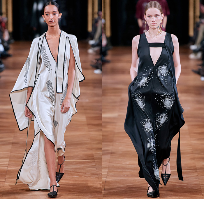 Stella McCartney 2020-2021 Fall Autumn Winter Womens Runway Catwalk Looks - Paris Fashion Week Femme PFW -  Jellyfish Swirls Spiral Barley Motif Studs Pearls Net Mesh Straps Fringes Elongated Panels Maxi Dress Gown Contrast Jagged Stitching Scarf Check Plaid Turtleneck Sweater Skirt Tied Knot Pantsuit Straps Capelet Knit Onesie Jumpsuit Military Fur Coat Poncho Animal Hieroglyphs Holes Slouchy Pants Handbag Tote Purse Clutch Fanny Pack Pouch Bum Bag Reptile Pointed Heels Boots