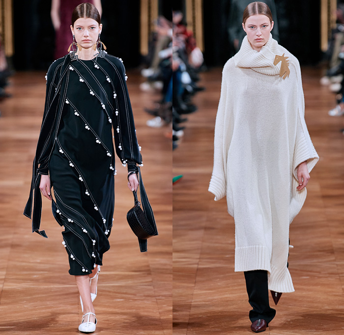 Stella McCartney 2020-2021 Fall Autumn Winter Womens Runway Catwalk Looks - Paris Fashion Week Femme PFW -  Jellyfish Swirls Spiral Barley Motif Studs Pearls Net Mesh Straps Fringes Elongated Panels Maxi Dress Gown Contrast Jagged Stitching Scarf Check Plaid Turtleneck Sweater Skirt Tied Knot Pantsuit Straps Capelet Knit Onesie Jumpsuit Military Fur Coat Poncho Animal Hieroglyphs Holes Slouchy Pants Handbag Tote Purse Clutch Fanny Pack Pouch Bum Bag Reptile Pointed Heels Boots