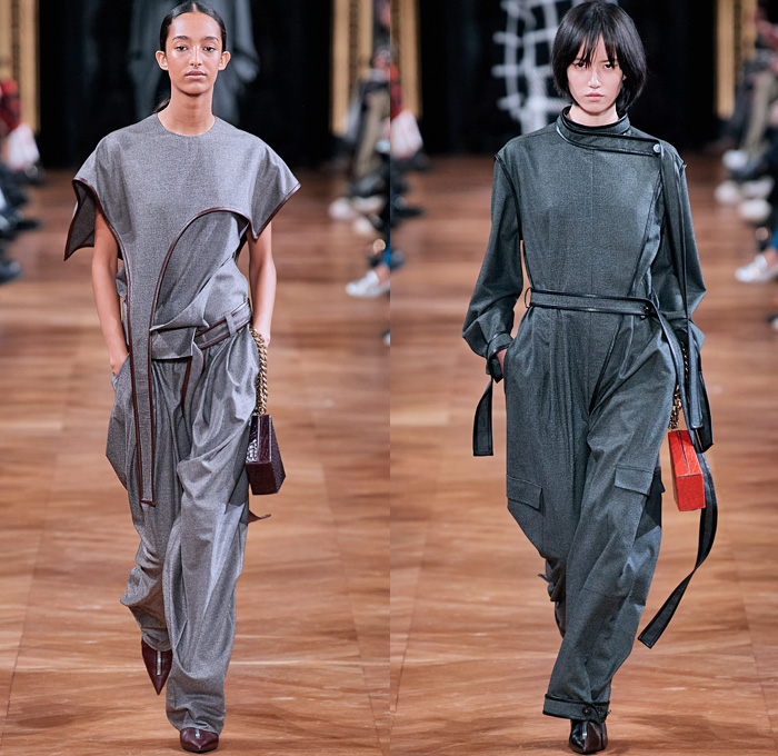 Stella McCartney 2020-2021 Fall Autumn Winter Womens Runway Catwalk Looks - Paris Fashion Week Femme PFW -  Jellyfish Swirls Spiral Barley Motif Studs Pearls Net Mesh Straps Fringes Elongated Panels Maxi Dress Gown Contrast Jagged Stitching Scarf Check Plaid Turtleneck Sweater Skirt Tied Knot Pantsuit Straps Capelet Knit Onesie Jumpsuit Military Fur Coat Poncho Animal Hieroglyphs Holes Slouchy Pants Handbag Tote Purse Clutch Fanny Pack Pouch Bum Bag Reptile Pointed Heels Boots