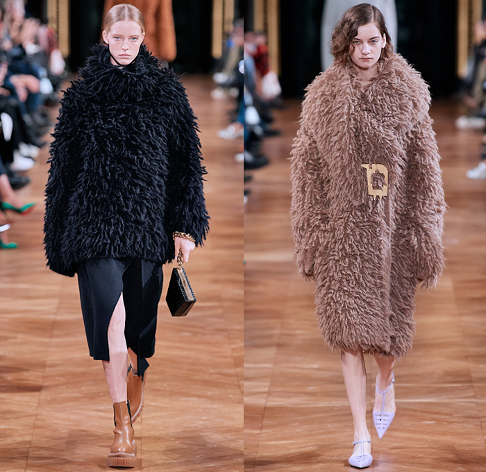 Stella McCartney 2020-2021 Fall Autumn Winter Womens Runway Catwalk Looks - Paris Fashion Week Femme PFW -  Jellyfish Swirls Spiral Barley Motif Studs Pearls Net Mesh Straps Fringes Elongated Panels Maxi Dress Gown Contrast Jagged Stitching Scarf Check Plaid Turtleneck Sweater Skirt Tied Knot Pantsuit Straps Capelet Knit Onesie Jumpsuit Military Fur Coat Poncho Animal Hieroglyphs Holes Slouchy Pants Handbag Tote Purse Clutch Fanny Pack Pouch Bum Bag Reptile Pointed Heels Boots