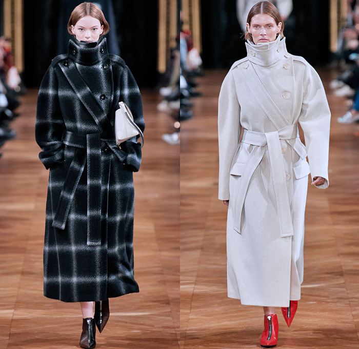 Stella McCartney 2020-2021 Fall Autumn Winter Womens Runway Catwalk Looks - Paris Fashion Week Femme PFW -  Jellyfish Swirls Spiral Barley Motif Studs Pearls Net Mesh Straps Fringes Elongated Panels Maxi Dress Gown Contrast Jagged Stitching Scarf Check Plaid Turtleneck Sweater Skirt Tied Knot Pantsuit Straps Capelet Knit Onesie Jumpsuit Military Fur Coat Poncho Animal Hieroglyphs Holes Slouchy Pants Handbag Tote Purse Clutch Fanny Pack Pouch Bum Bag Reptile Pointed Heels Boots