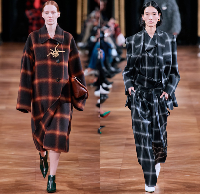 Stella McCartney 2020-2021 Fall Autumn Winter Womens Runway Catwalk Looks - Paris Fashion Week Femme PFW -  Jellyfish Swirls Spiral Barley Motif Studs Pearls Net Mesh Straps Fringes Elongated Panels Maxi Dress Gown Contrast Jagged Stitching Scarf Check Plaid Turtleneck Sweater Skirt Tied Knot Pantsuit Straps Capelet Knit Onesie Jumpsuit Military Fur Coat Poncho Animal Hieroglyphs Holes Slouchy Pants Handbag Tote Purse Clutch Fanny Pack Pouch Bum Bag Reptile Pointed Heels Boots