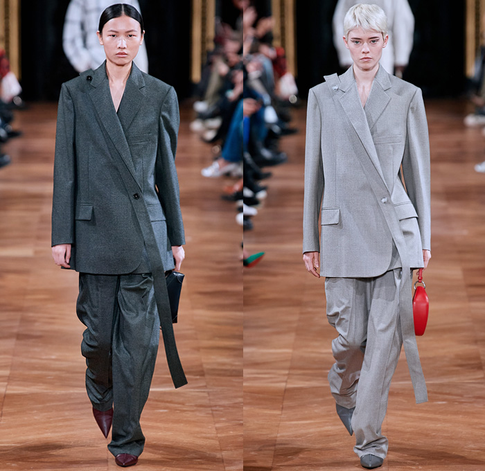 Stella McCartney 2020-2021 Fall Autumn Winter Womens Runway Catwalk Looks - Paris Fashion Week Femme PFW -  Jellyfish Swirls Spiral Barley Motif Studs Pearls Net Mesh Straps Fringes Elongated Panels Maxi Dress Gown Contrast Jagged Stitching Scarf Check Plaid Turtleneck Sweater Skirt Tied Knot Pantsuit Straps Capelet Knit Onesie Jumpsuit Military Fur Coat Poncho Animal Hieroglyphs Holes Slouchy Pants Handbag Tote Purse Clutch Fanny Pack Pouch Bum Bag Reptile Pointed Heels Boots