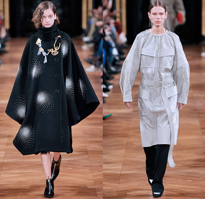 Stella McCartney 2020-2021 Fall Autumn Winter Womens Runway Catwalk Looks - Paris Fashion Week Femme PFW -  Jellyfish Swirls Spiral Barley Motif Studs Pearls Net Mesh Straps Fringes Elongated Panels Maxi Dress Gown Contrast Jagged Stitching Scarf Check Plaid Turtleneck Sweater Skirt Tied Knot Pantsuit Straps Capelet Knit Onesie Jumpsuit Military Fur Coat Poncho Animal Hieroglyphs Holes Slouchy Pants Handbag Tote Purse Clutch Fanny Pack Pouch Bum Bag Reptile Pointed Heels Boots