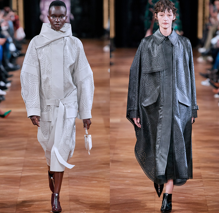 Stella McCartney 2020-2021 Fall Autumn Winter Womens Runway Catwalk Looks - Paris Fashion Week Femme PFW -  Jellyfish Swirls Spiral Barley Motif Studs Pearls Net Mesh Straps Fringes Elongated Panels Maxi Dress Gown Contrast Jagged Stitching Scarf Check Plaid Turtleneck Sweater Skirt Tied Knot Pantsuit Straps Capelet Knit Onesie Jumpsuit Military Fur Coat Poncho Animal Hieroglyphs Holes Slouchy Pants Handbag Tote Purse Clutch Fanny Pack Pouch Bum Bag Reptile Pointed Heels Boots