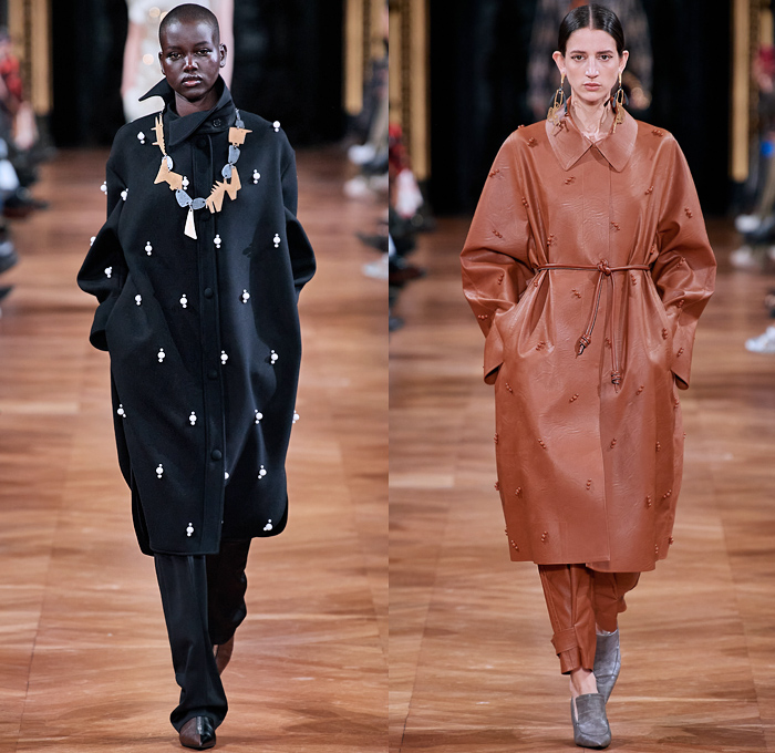 Stella McCartney 2020-2021 Fall Autumn Winter Womens Runway Catwalk Looks - Paris Fashion Week Femme PFW -  Jellyfish Swirls Spiral Barley Motif Studs Pearls Net Mesh Straps Fringes Elongated Panels Maxi Dress Gown Contrast Jagged Stitching Scarf Check Plaid Turtleneck Sweater Skirt Tied Knot Pantsuit Straps Capelet Knit Onesie Jumpsuit Military Fur Coat Poncho Animal Hieroglyphs Holes Slouchy Pants Handbag Tote Purse Clutch Fanny Pack Pouch Bum Bag Reptile Pointed Heels Boots