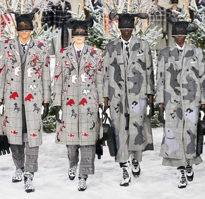 Thom Browne 2020-2021 Fall Autumn Winter Womens Mens Runway Catwalk Looks - Mode à Paris Fashion Week France - Ark Animals Embroidery Sheer Tulle Mask Headwear Patchwork Tweed Wool Herringbone Check Plaid Argyle Decorative Art Mesh Quilted Puffer Coat Suit Blazer Neck Tie Fringes Pinstripe Stripes Knit Socks Skirt Layers Pussycat Bow Accordion Pleats Deconstructed Blazerskirt Squares Frayed Walrus Sheep Dog Horse Turtle Duck Pig Cow Snake Rabbit Elephant Monkey Bear Bag Gloves