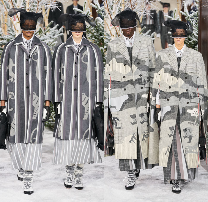 Thom Browne 2020-2021 Fall Autumn Winter Womens Mens Runway Catwalk Looks - Mode à Paris Fashion Week France - Ark Animals Embroidery Sheer Tulle Mask Headwear Patchwork Tweed Wool Herringbone Check Plaid Argyle Decorative Art Mesh Quilted Puffer Coat Suit Blazer Neck Tie Fringes Pinstripe Stripes Knit Socks Skirt Layers Pussycat Bow Accordion Pleats Deconstructed Blazerskirt Squares Frayed Walrus Sheep Dog Horse Turtle Duck Pig Cow Snake Rabbit Elephant Monkey Bear Bag Gloves