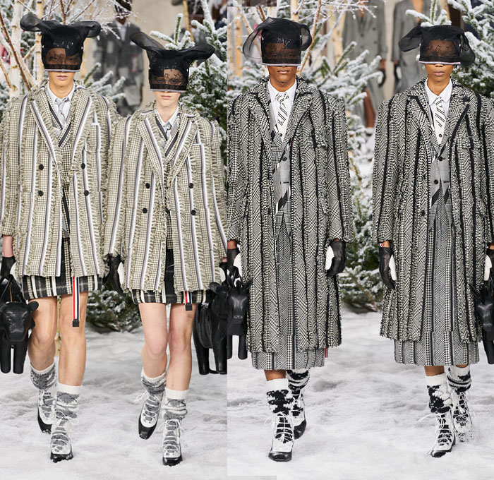 Thom Browne 2020-2021 Fall Autumn Winter Womens Mens Runway Catwalk Looks - Mode à Paris Fashion Week France - Ark Animals Embroidery Sheer Tulle Mask Headwear Patchwork Tweed Wool Herringbone Check Plaid Argyle Decorative Art Mesh Quilted Puffer Coat Suit Blazer Neck Tie Fringes Pinstripe Stripes Knit Socks Skirt Layers Pussycat Bow Accordion Pleats Deconstructed Blazerskirt Squares Frayed Walrus Sheep Dog Horse Turtle Duck Pig Cow Snake Rabbit Elephant Monkey Bear Bag Gloves