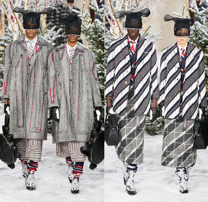 Thom Browne 2020-2021 Fall Autumn Winter Womens Mens Runway Catwalk Looks - Mode à Paris Fashion Week France - Ark Animals Embroidery Sheer Tulle Mask Headwear Patchwork Tweed Wool Herringbone Check Plaid Argyle Decorative Art Mesh Quilted Puffer Coat Suit Blazer Neck Tie Fringes Pinstripe Stripes Knit Socks Skirt Layers Pussycat Bow Accordion Pleats Deconstructed Blazerskirt Squares Frayed Walrus Sheep Dog Horse Turtle Duck Pig Cow Snake Rabbit Elephant Monkey Bear Bag Gloves