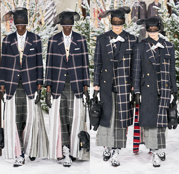 Thom Browne 2020-2021 Fall Autumn Winter Womens Mens Runway Catwalk Looks - Mode à Paris Fashion Week France - Ark Animals Embroidery Sheer Tulle Mask Headwear Patchwork Tweed Wool Herringbone Check Plaid Argyle Decorative Art Mesh Quilted Puffer Coat Suit Blazer Neck Tie Fringes Pinstripe Stripes Knit Socks Skirt Layers Pussycat Bow Accordion Pleats Deconstructed Blazerskirt Squares Frayed Walrus Sheep Dog Horse Turtle Duck Pig Cow Snake Rabbit Elephant Monkey Bear Bag Gloves