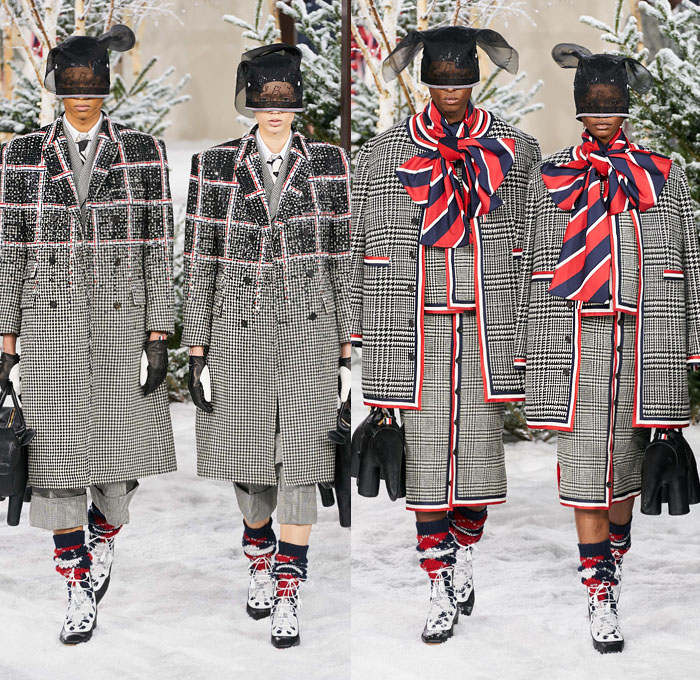 Thom Browne 2020-2021 Fall Autumn Winter Womens Mens Runway Catwalk Looks - Mode à Paris Fashion Week France - Ark Animals Embroidery Sheer Tulle Mask Headwear Patchwork Tweed Wool Herringbone Check Plaid Argyle Decorative Art Mesh Quilted Puffer Coat Suit Blazer Neck Tie Fringes Pinstripe Stripes Knit Socks Skirt Layers Pussycat Bow Accordion Pleats Deconstructed Blazerskirt Squares Frayed Walrus Sheep Dog Horse Turtle Duck Pig Cow Snake Rabbit Elephant Monkey Bear Bag Gloves