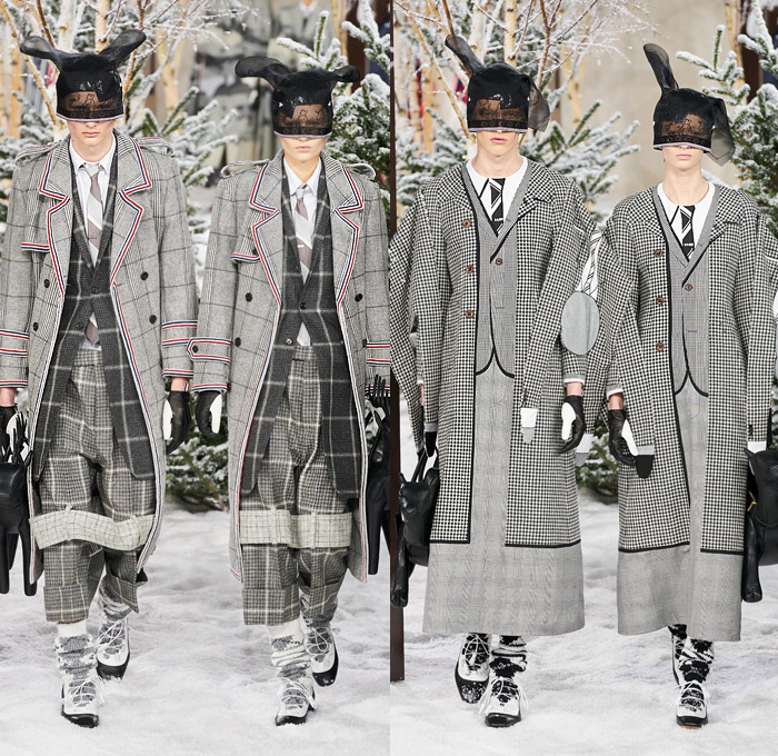 Thom Browne 2020-2021 Fall Autumn Winter Womens Mens Runway Catwalk Looks - Mode à Paris Fashion Week France - Ark Animals Embroidery Sheer Tulle Mask Headwear Patchwork Tweed Wool Herringbone Check Plaid Argyle Decorative Art Mesh Quilted Puffer Coat Suit Blazer Neck Tie Fringes Pinstripe Stripes Knit Socks Skirt Layers Pussycat Bow Accordion Pleats Deconstructed Blazerskirt Squares Frayed Walrus Sheep Dog Horse Turtle Duck Pig Cow Snake Rabbit Elephant Monkey Bear Bag Gloves