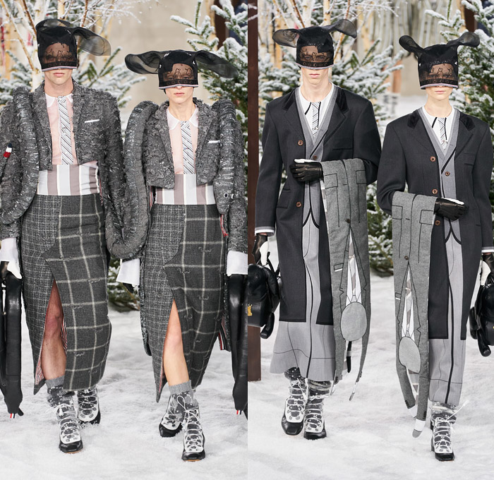 Thom Browne 2020-2021 Fall Autumn Winter Womens Mens Runway Catwalk Looks - Mode à Paris Fashion Week France - Ark Animals Embroidery Sheer Tulle Mask Headwear Patchwork Tweed Wool Herringbone Check Plaid Argyle Decorative Art Mesh Quilted Puffer Coat Suit Blazer Neck Tie Fringes Pinstripe Stripes Knit Socks Skirt Layers Pussycat Bow Accordion Pleats Deconstructed Blazerskirt Squares Frayed Walrus Sheep Dog Horse Turtle Duck Pig Cow Snake Rabbit Elephant Monkey Bear Bag Gloves