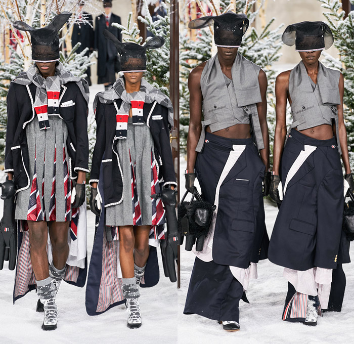Thom Browne 2020-2021 Fall Autumn Winter Womens Mens Runway Catwalk Looks - Mode à Paris Fashion Week France - Ark Animals Embroidery Sheer Tulle Mask Headwear Patchwork Tweed Wool Herringbone Check Plaid Argyle Decorative Art Mesh Quilted Puffer Coat Suit Blazer Neck Tie Fringes Pinstripe Stripes Knit Socks Skirt Layers Pussycat Bow Accordion Pleats Deconstructed Blazerskirt Squares Frayed Walrus Sheep Dog Horse Turtle Duck Pig Cow Snake Rabbit Elephant Monkey Bear Bag Gloves