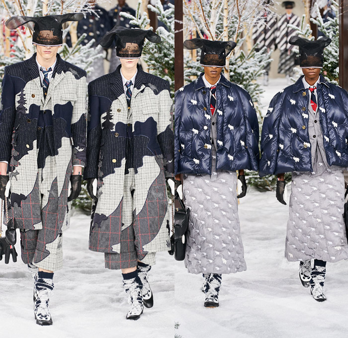 Thom Browne 2020-2021 Fall Autumn Winter Womens Mens Runway Catwalk Looks - Mode à Paris Fashion Week France - Ark Animals Embroidery Sheer Tulle Mask Headwear Patchwork Tweed Wool Herringbone Check Plaid Argyle Decorative Art Mesh Quilted Puffer Coat Suit Blazer Neck Tie Fringes Pinstripe Stripes Knit Socks Skirt Layers Pussycat Bow Accordion Pleats Deconstructed Blazerskirt Squares Frayed Walrus Sheep Dog Horse Turtle Duck Pig Cow Snake Rabbit Elephant Monkey Bear Bag Gloves