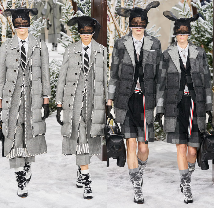 Thom Browne 2020-2021 Fall Autumn Winter Womens Mens Runway Catwalk Looks - Mode à Paris Fashion Week France - Ark Animals Embroidery Sheer Tulle Mask Headwear Patchwork Tweed Wool Herringbone Check Plaid Argyle Decorative Art Mesh Quilted Puffer Coat Suit Blazer Neck Tie Fringes Pinstripe Stripes Knit Socks Skirt Layers Pussycat Bow Accordion Pleats Deconstructed Blazerskirt Squares Frayed Walrus Sheep Dog Horse Turtle Duck Pig Cow Snake Rabbit Elephant Monkey Bear Bag Gloves