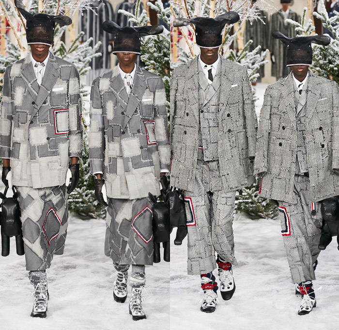 Thom Browne 2020-2021 Fall Autumn Winter Womens Mens Runway Catwalk Looks - Mode à Paris Fashion Week France - Ark Animals Embroidery Sheer Tulle Mask Headwear Patchwork Tweed Wool Herringbone Check Plaid Argyle Decorative Art Mesh Quilted Puffer Coat Suit Blazer Neck Tie Fringes Pinstripe Stripes Knit Socks Skirt Layers Pussycat Bow Accordion Pleats Deconstructed Blazerskirt Squares Frayed Walrus Sheep Dog Horse Turtle Duck Pig Cow Snake Rabbit Elephant Monkey Bear Bag Gloves